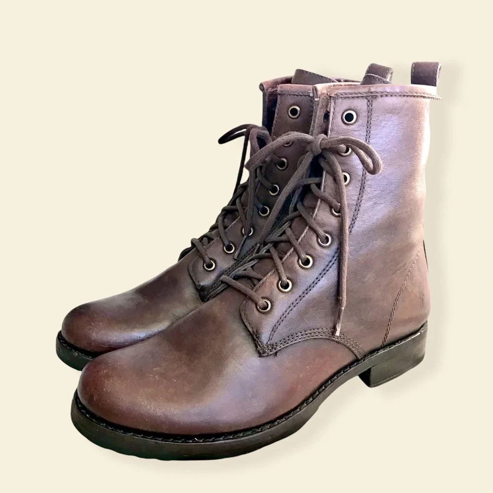 Frye Veronica Combat Brown Genuine Leather Lace Up Moto Combat Retro Ankle Boots - Picture 9 of 15